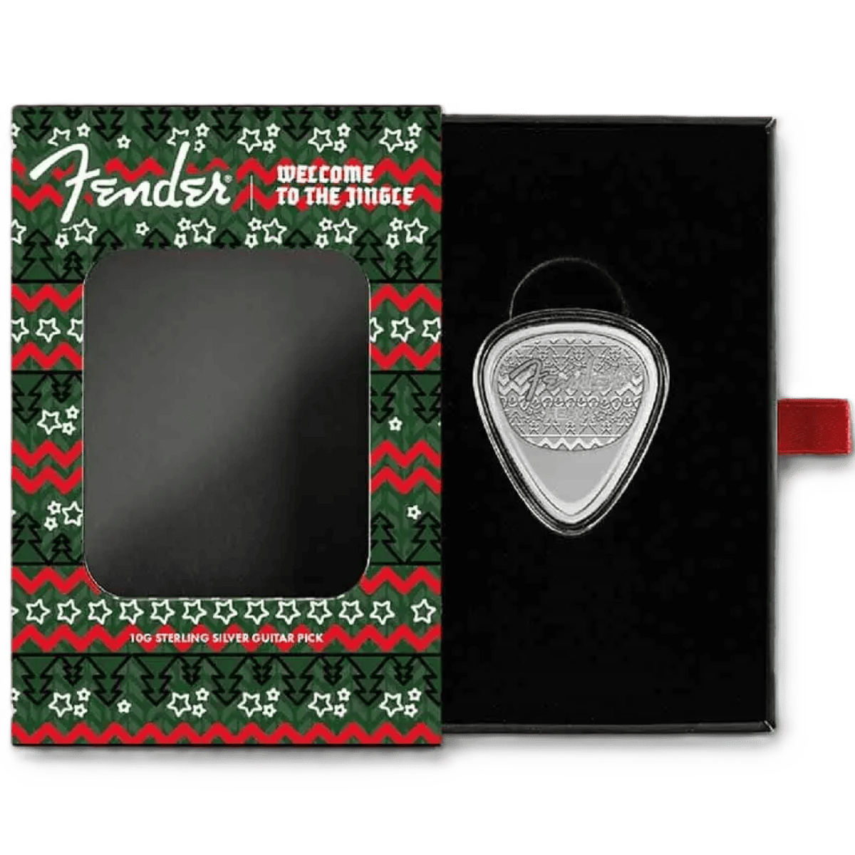 Sterling silver guitar pick enclosed in a festive packaging, celebrating Welcome to the Jungle.