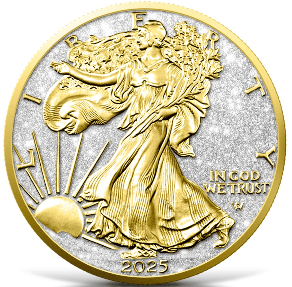 2025 United States American Eagle Diamond Dust and 24k Gold 1 oz Silver Coin GR Reserve Back.