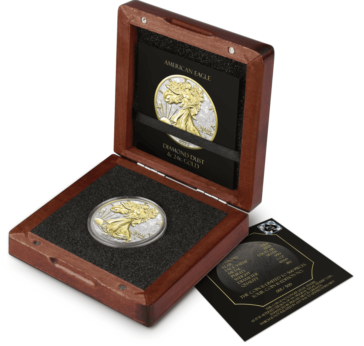 Shiny American Eagle 1 oz silver coin with gold accents inside a wooden display box with a protective foam insert.