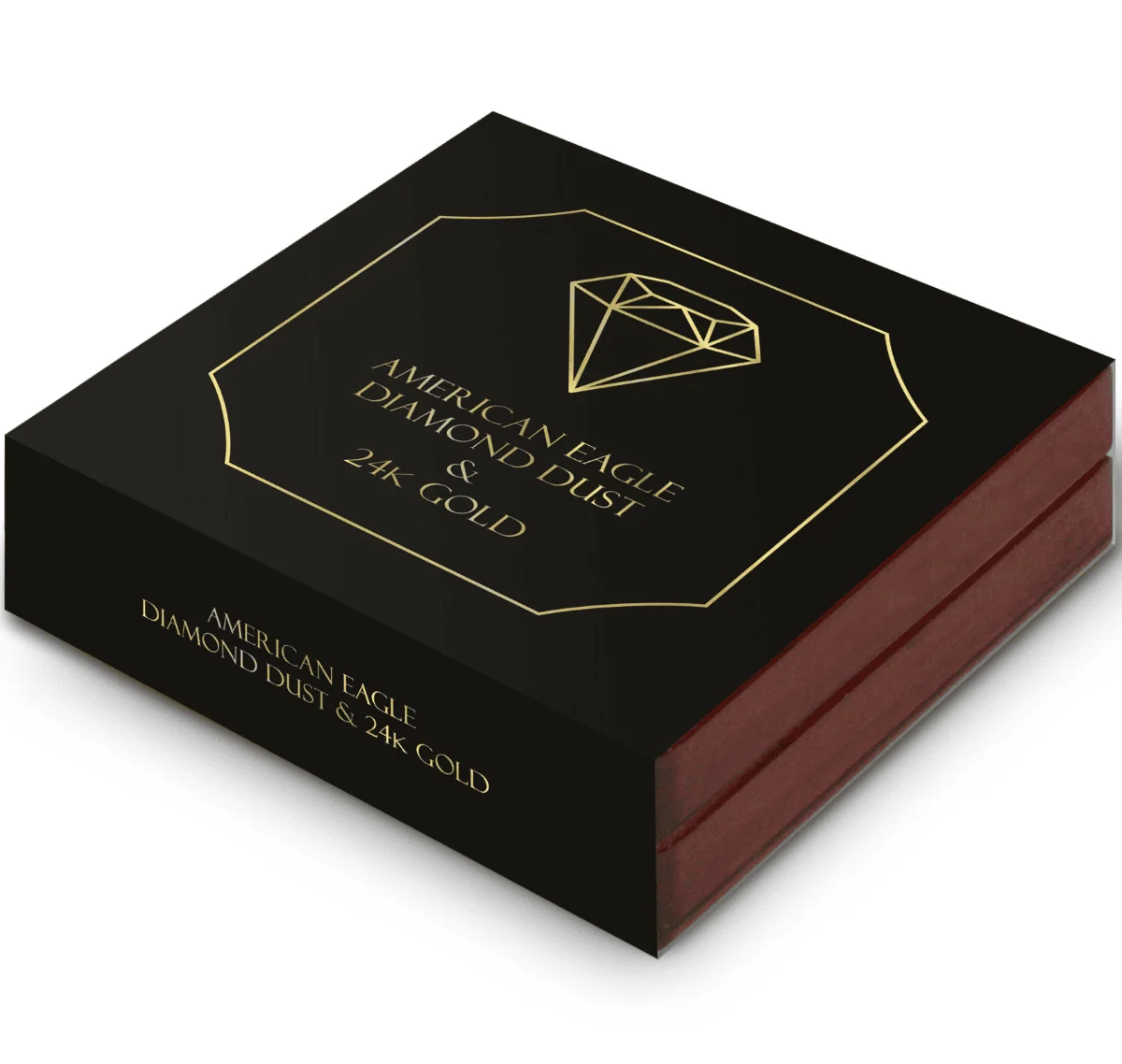 Luxurious black and gold box packaging for the American Eagle diamond dust and 24k gold silver coin, with a rich wooden base.