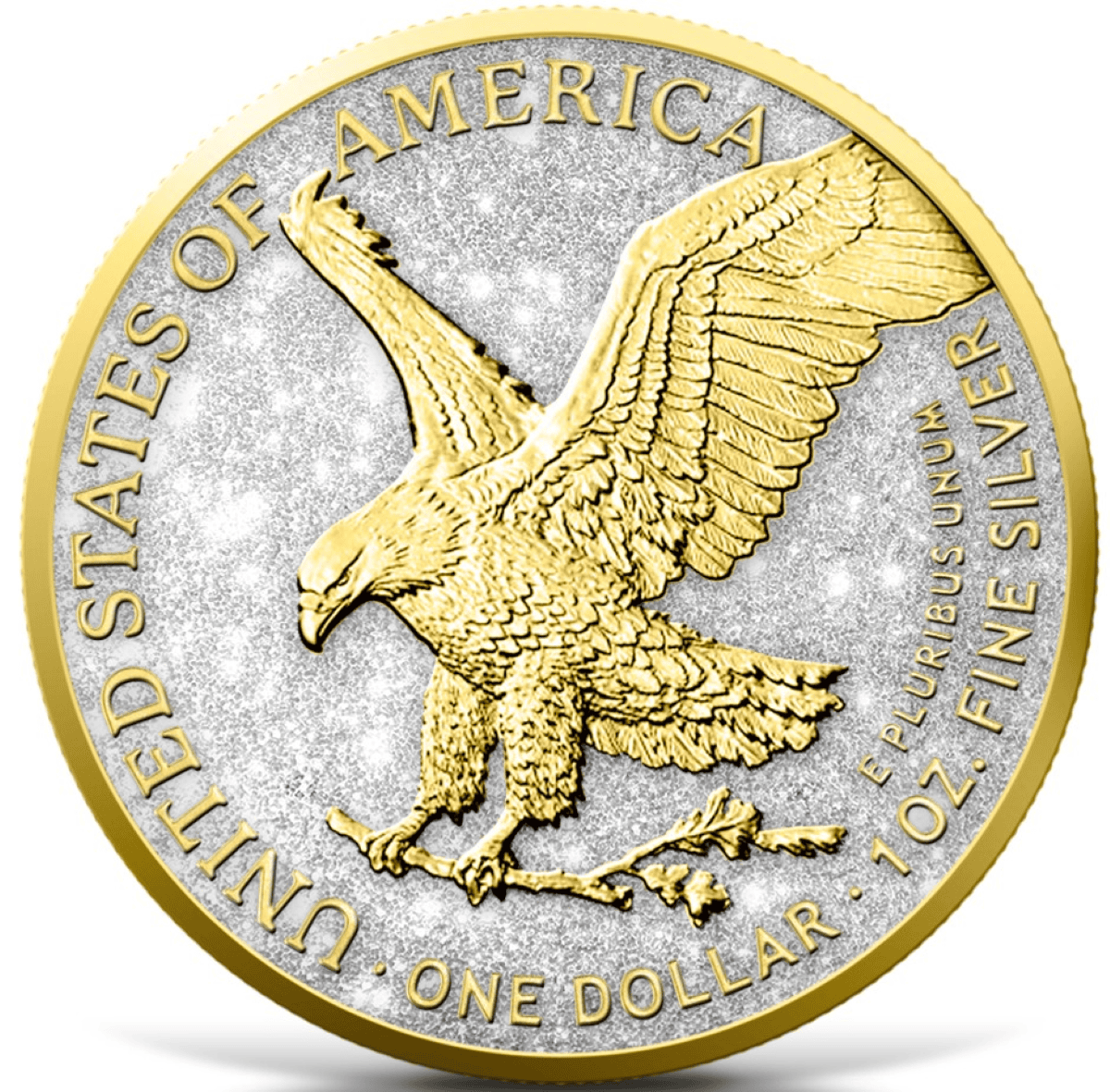 Shimmering silver and gold United States eagle coin featuring an intricate eagle design with diamond dust accents.