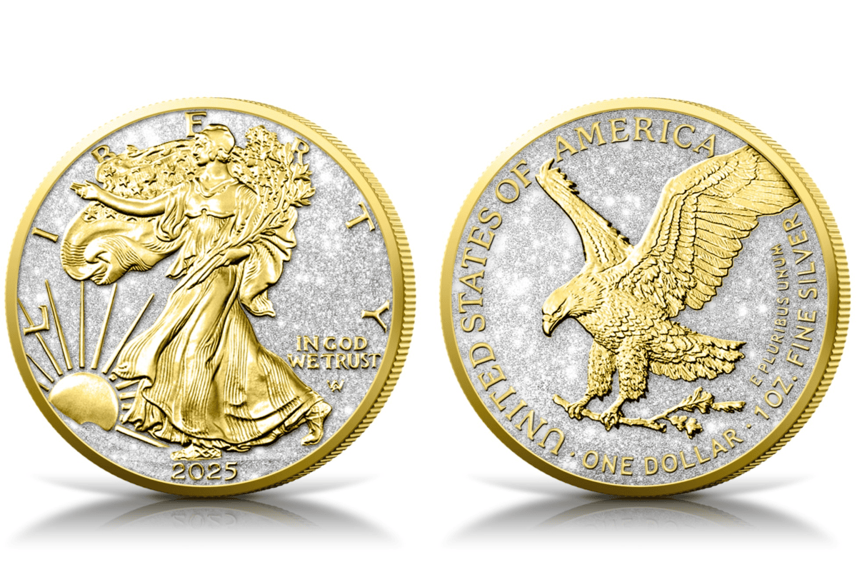 Luxurious gold and silver coin featuring an American eagle and the Statue of Liberty, intricately designed with diamonds and 24k gold accents.