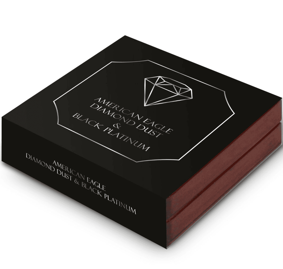 Shiny black box with silver diamond logo and white text for the American Eagle Diamond Dust & Black Platinum coin.