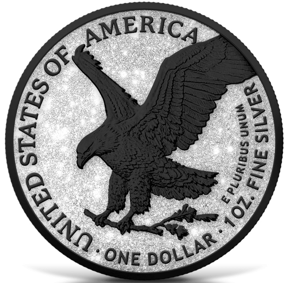 2025 United States American Eagle Diamond Dust and Black Platinum 1 oz Silver Coin GR Reserve Front. You’re describing images of precious metal products. Use words in 'IMAGE FILENAME' for.
