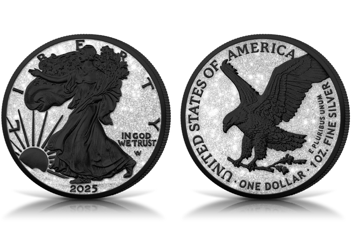 Shiny silver coins featuring a walking liberty and an eagle design, adorned with black platinum and dust, 1 oz fine silver, side by side.