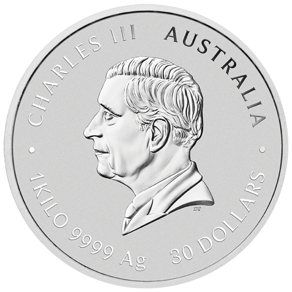 Shiny silver coin featuring a profile of a man with detailed hair and facial features, surrounded by inscriptions.