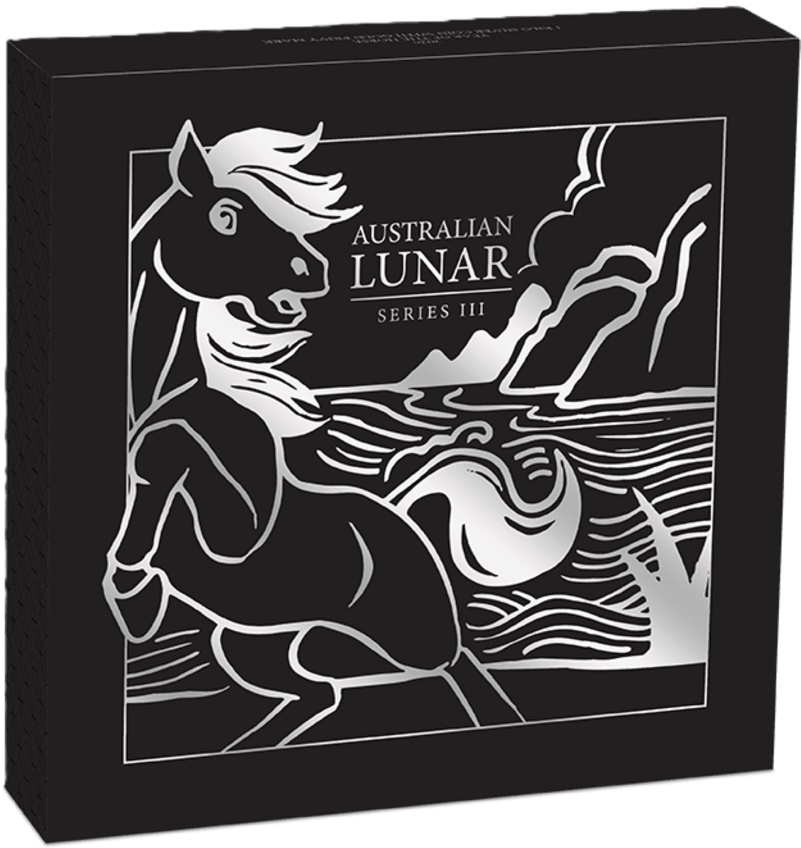 Silver coin featuring a horse and landscape design from the Australian Lunar Series III.