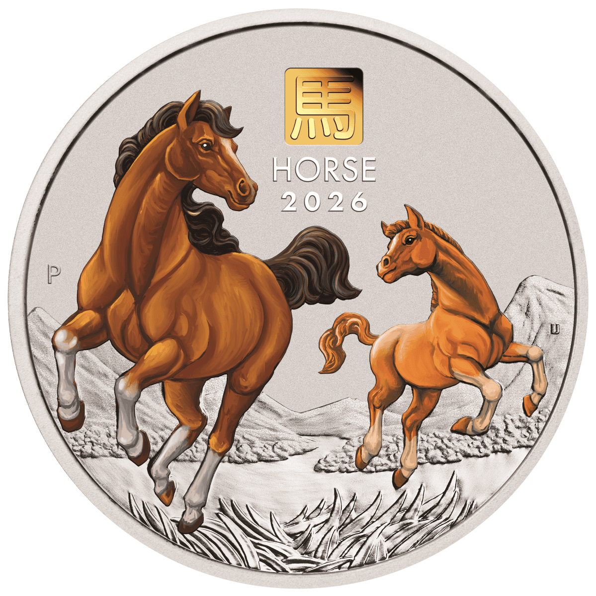 2026 Australia Lunar Series III Year of the Horse 1 Kilo Silver Coin with Gold Privy, front view.