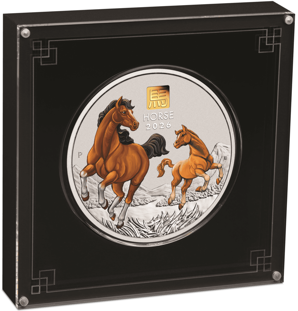 Elegant silver coin with detailed horse design, encased in display frame. Features gold privy mark and "Year of the Horse" inscription.
