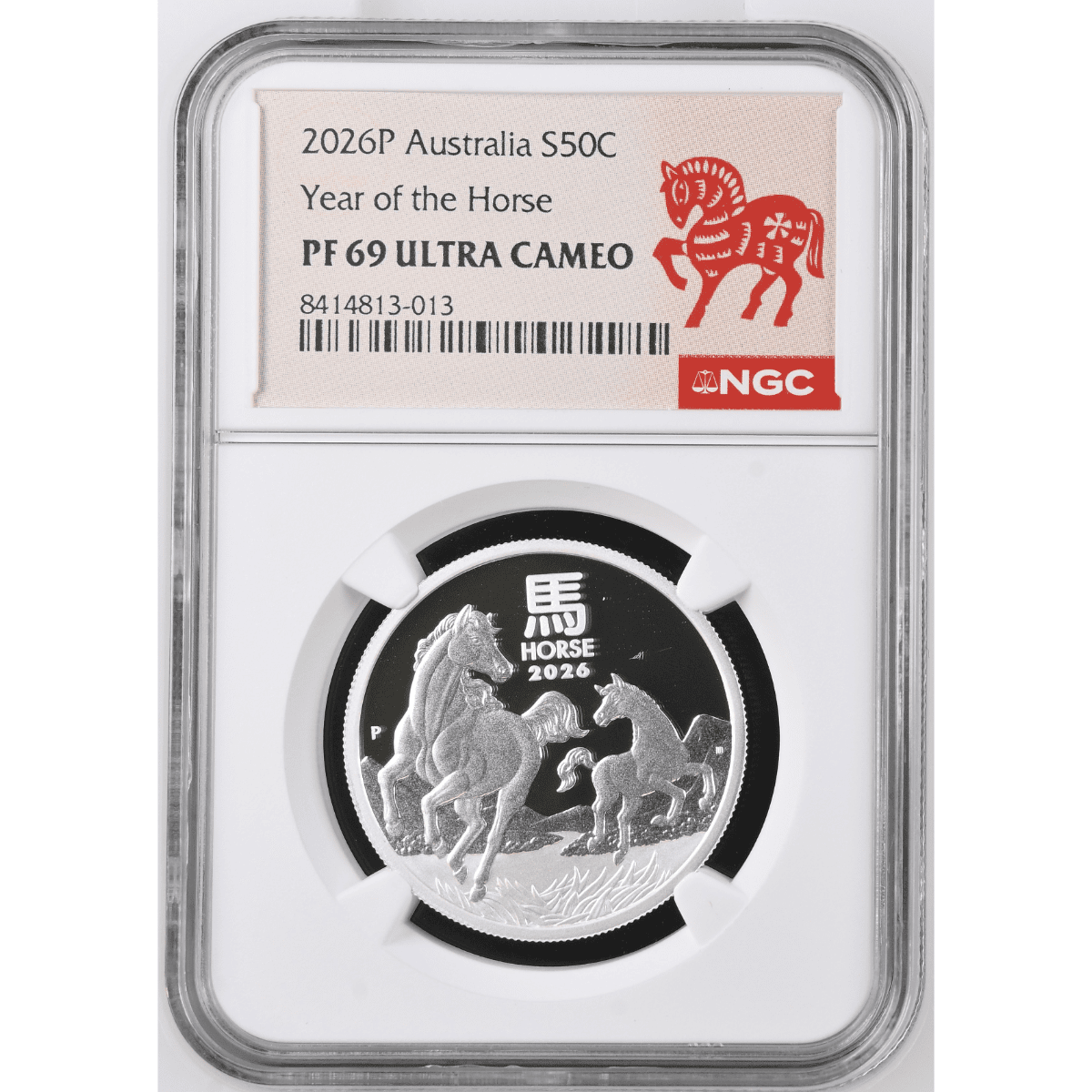 Shiny silver 12 oz coin with detailed horse design and Chinese character, graded PF 69 Ultra Cameo, housed in protective holder.