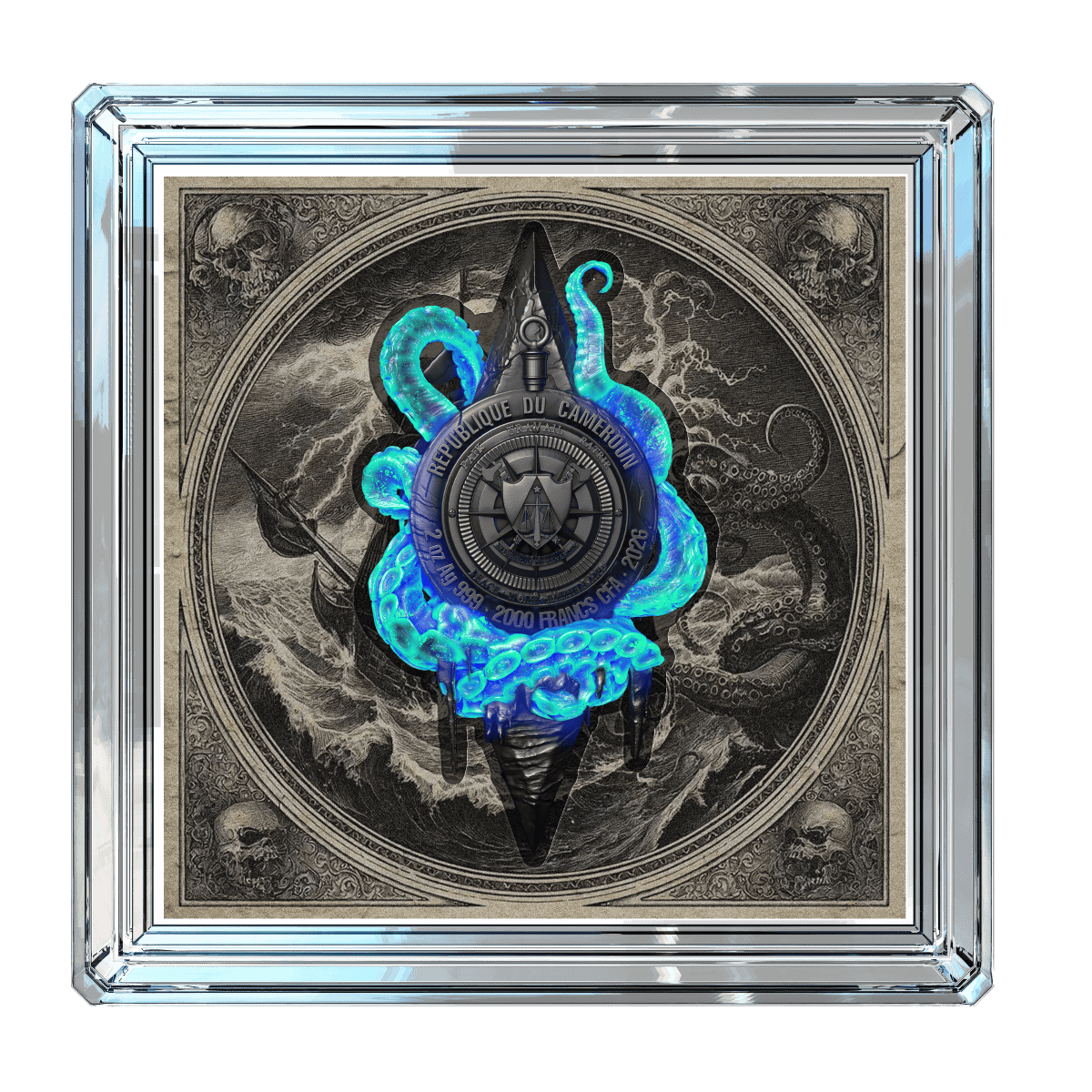 Cameroon Pirates silver medal featuring an enameled blue octopus design, UV coating, and glow-in-the-dark details, displayed in a glass case.