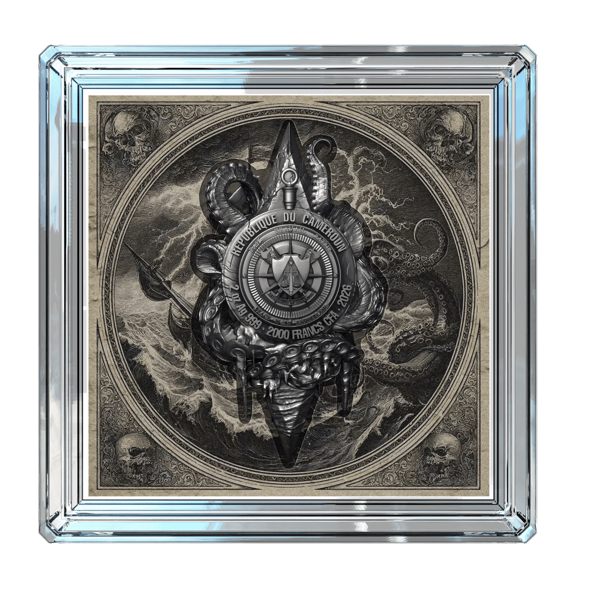 Cameroon Pirates Flame of Defiance 2 oz Silver Color Enameled UV Coin with intricate pirate and ocean design inside a glass display case.