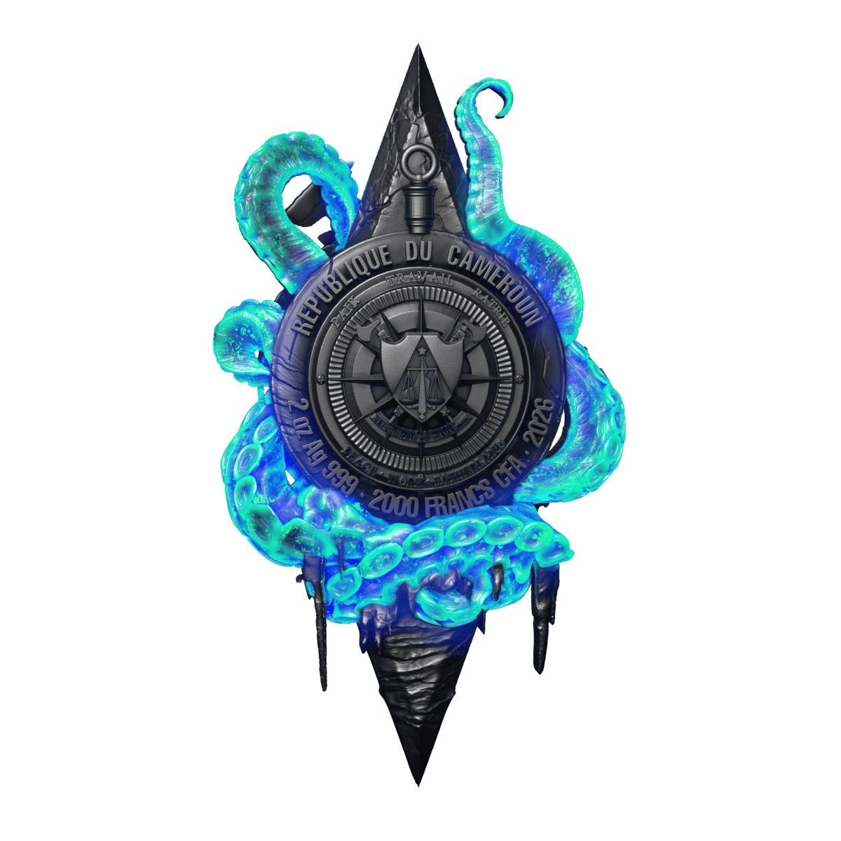 Brightly colored enamel octopus tentacles surrounding a detailed silver coin featuring a pirate ship emblem. UV glow and enameled accents enhance its striking appearance.