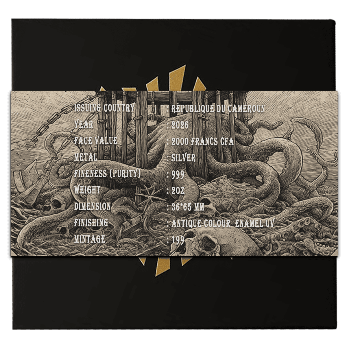 Intricate engraved information about the 2026 Cameroon Pirates Silver Coin, showcasing detailed design and specifications.