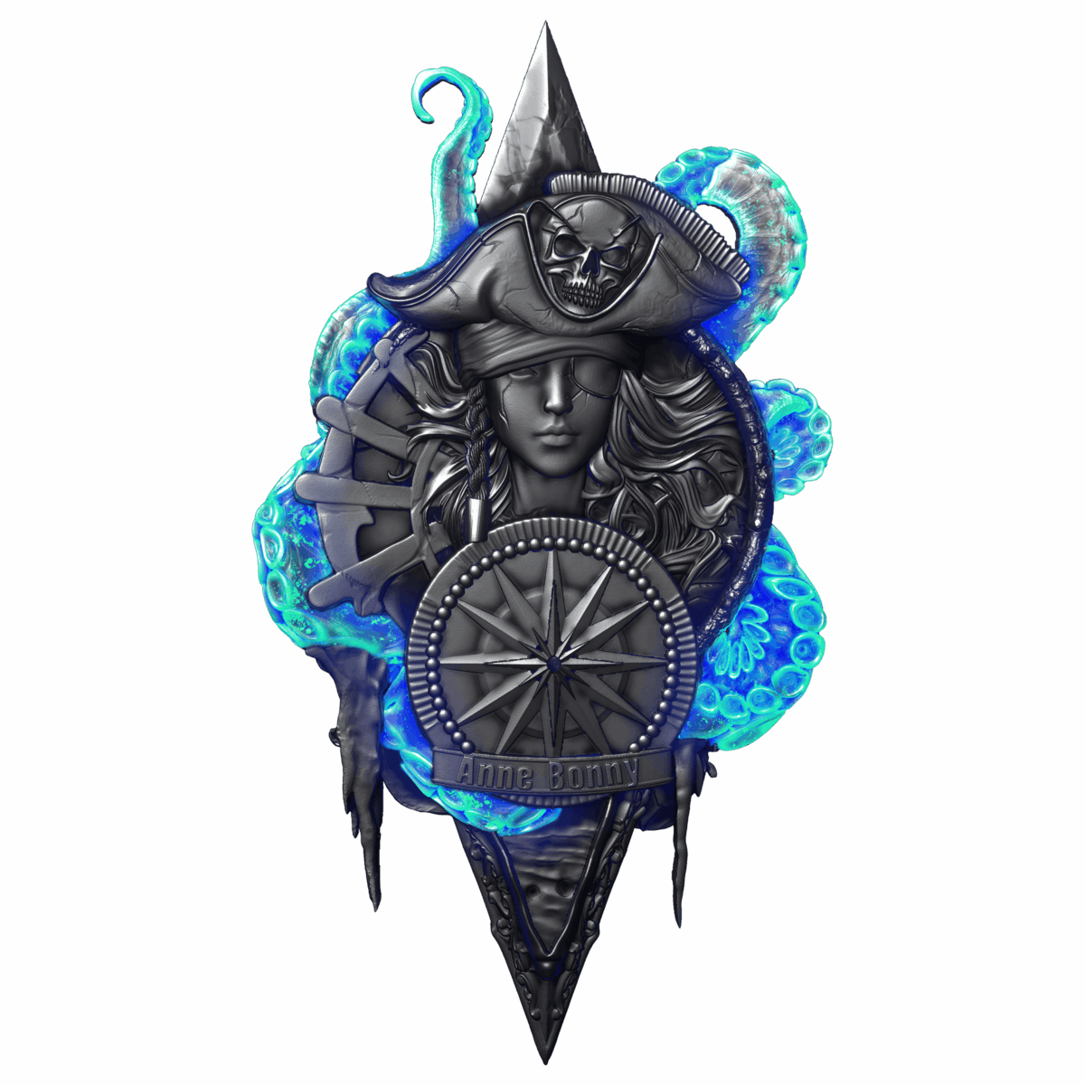 Intricately designed 2 oz silver coin featuring a detailed portrait of Anne Bonny in pirate attire with glowing blue accents and enameled UV highlights.