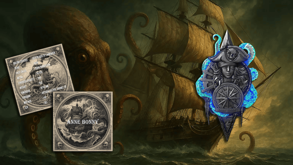Shiny silver-colored coin featuring a pirate ship, octopus, and "Anne Bonny" engraved on it, displayed against a haunting ocean scene with a giant squid and an old sailing ship.