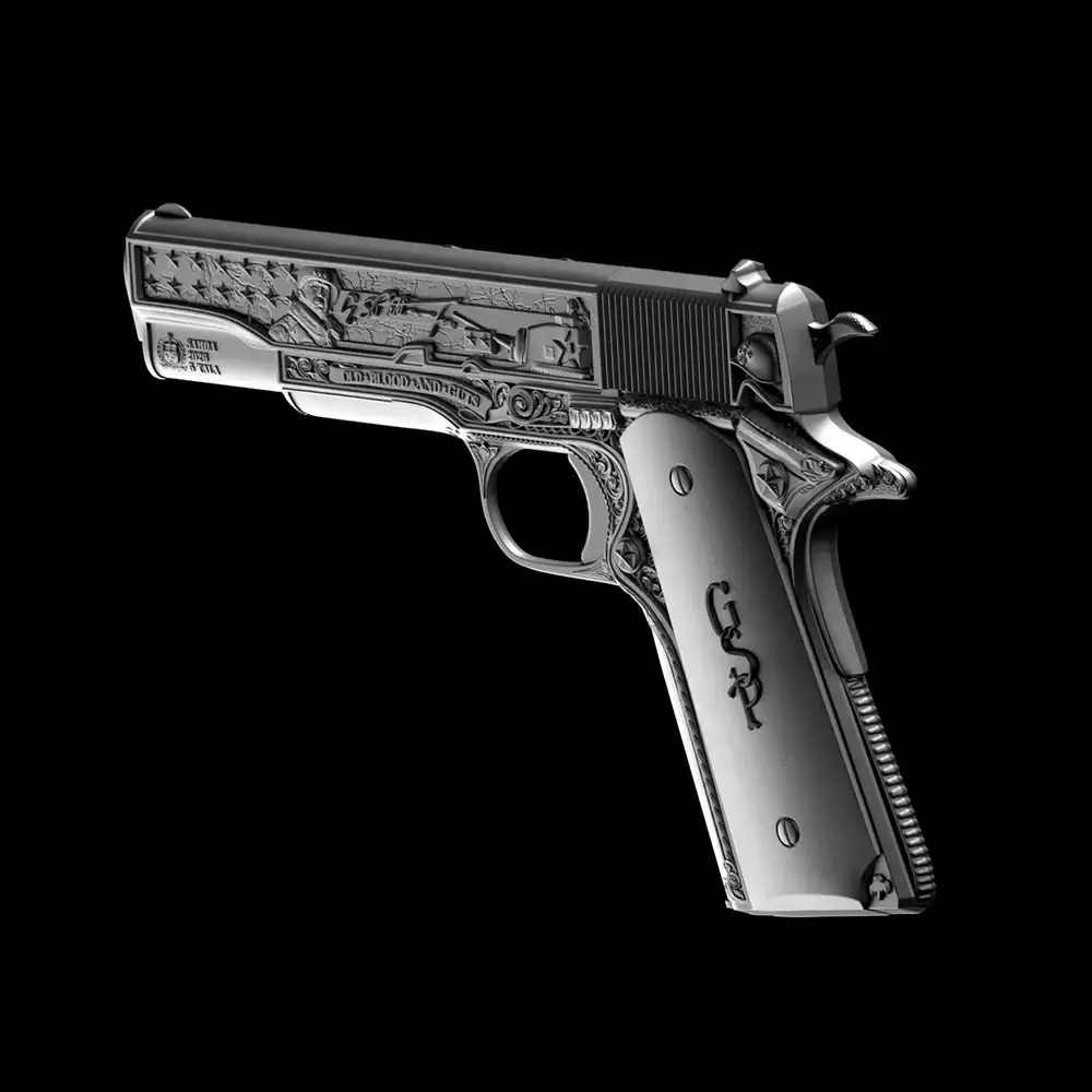 Silver engraved pistol-shaped coin with historical designs and intricate detailing.