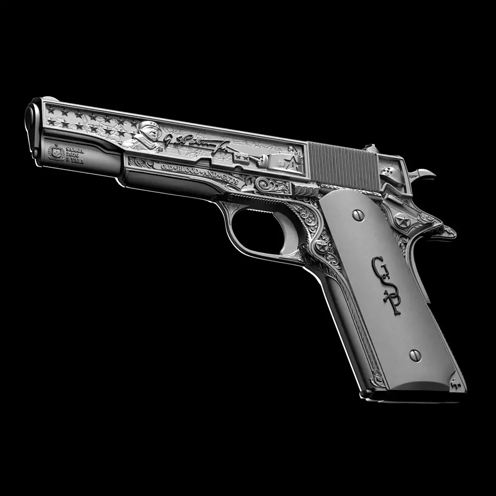 Silver 3D shaped antique coin featuring General Patton's pistol with detailed engravings and patriotic motifs.