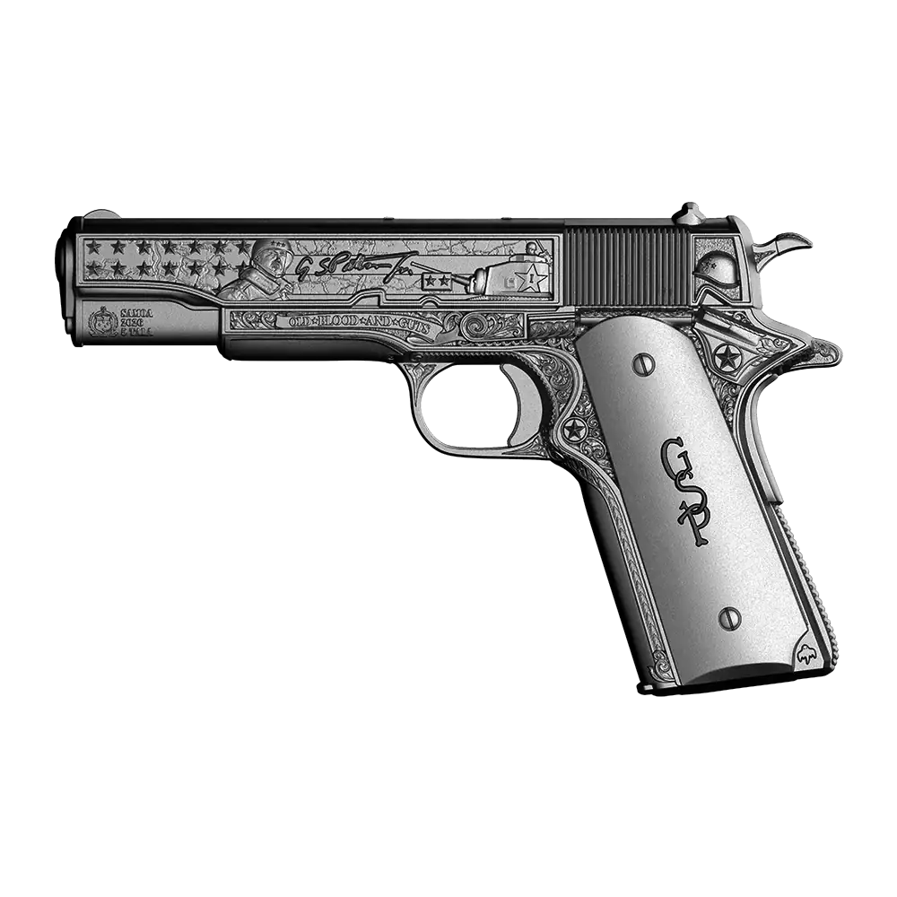 Detailed 3D shaped silver coin featuring General Patton's pistol with intricate antiqued high relief design.