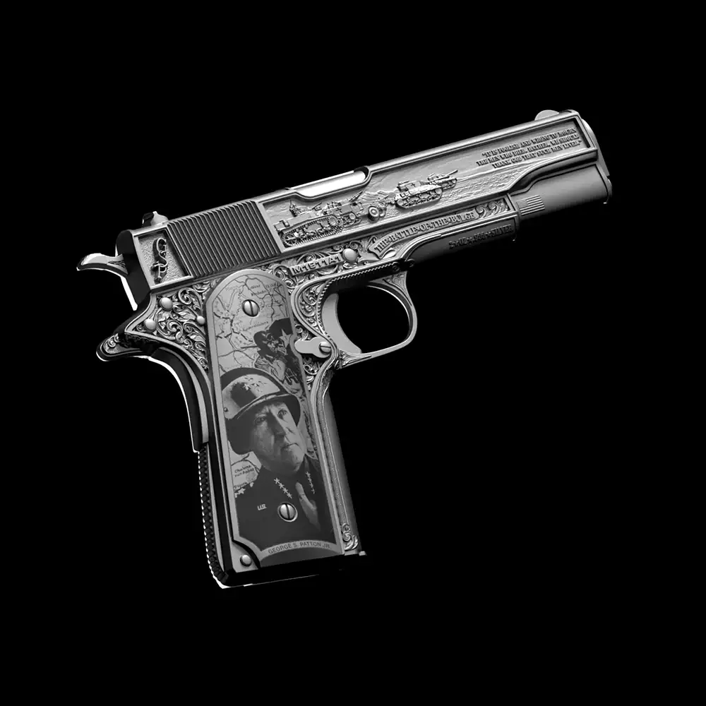 Exquisite 2 oz silver gun-shaped coin featuring General Patton's pistol, with intricate 3D high relief details and antiqued finish.