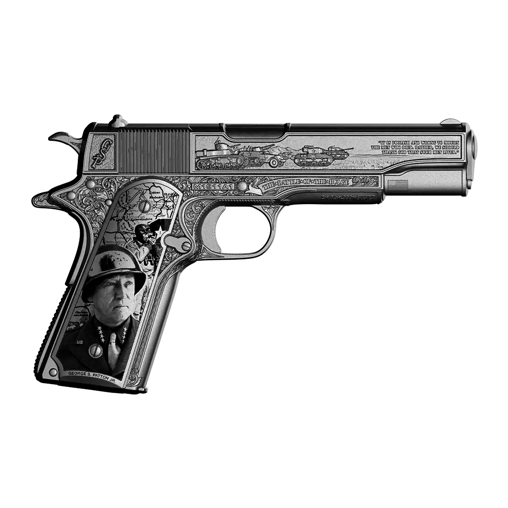 Intricately detailed 2 oz silver coin featuring Patton's pistol and a portrait of General Patton, with military and historical motifs.