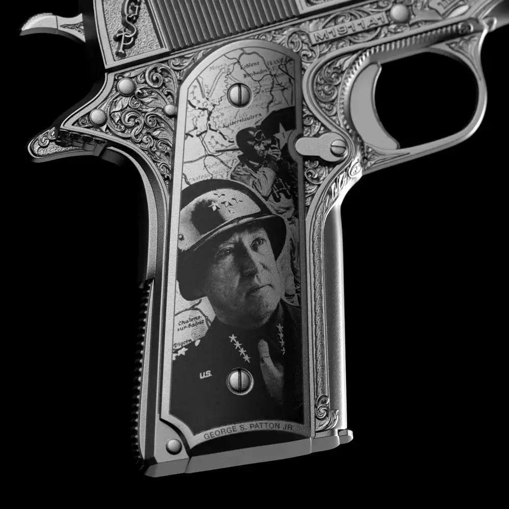 Historical silver coin featuring General Patton and World War II imagery, crafted in 3D shaped antiqued high relief.