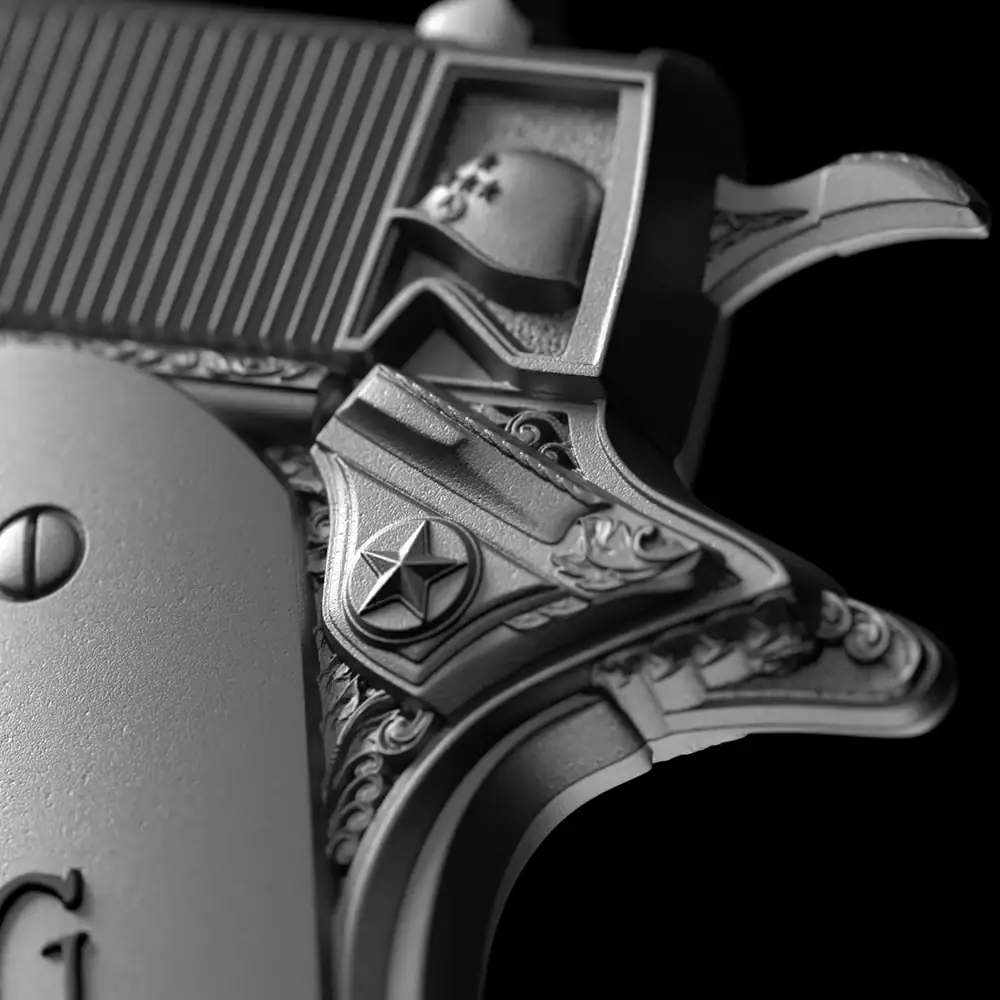 Intricately detailed 2 oz silver coin featuring a 3D shaped replica of a vintage pistol, antique high relief with historical design elements.