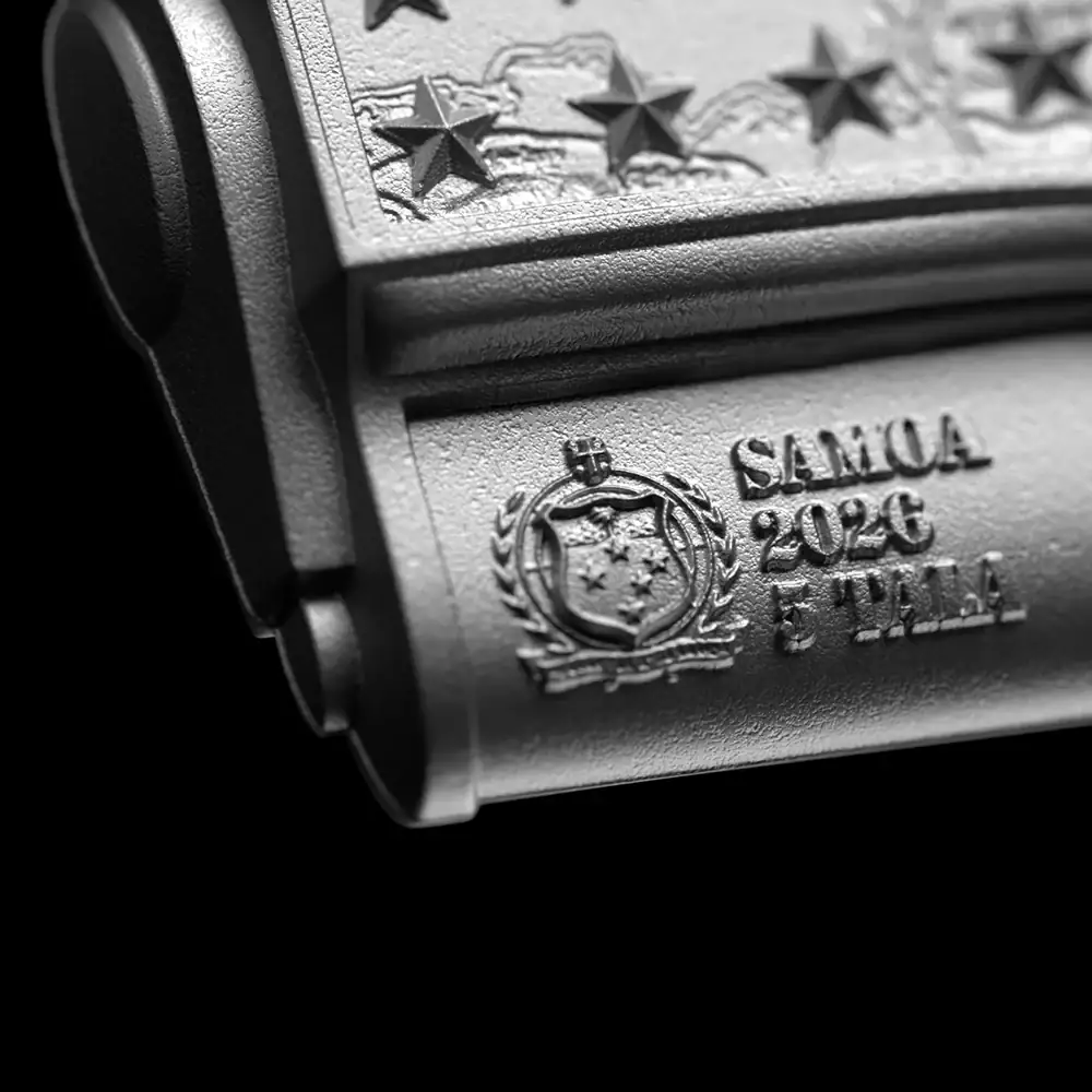 Intricate close-up of a 2 oz silver coin honoring General Patton with detailed engravings and patriotic themes.