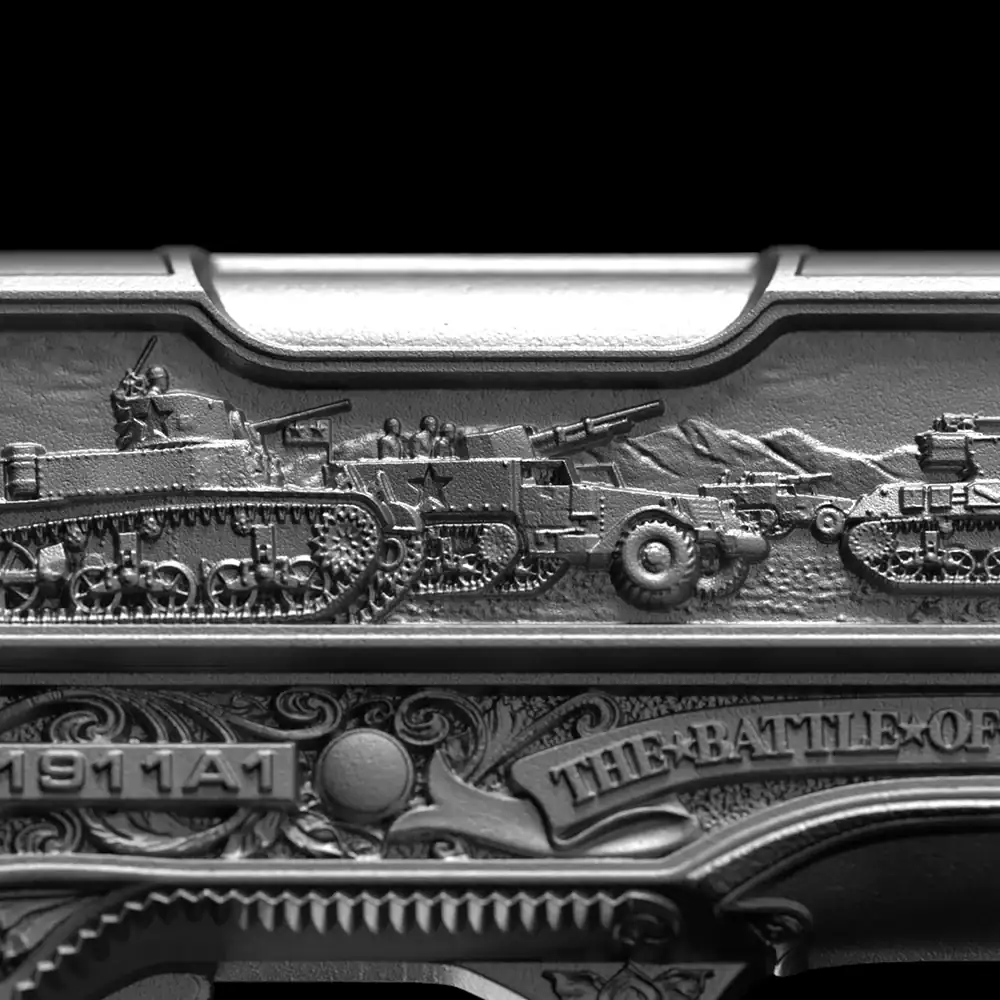 Intricate 3D silver coin featuring U.S. military tanks and soldiers, commemorating history with high relief and antiqued finish.