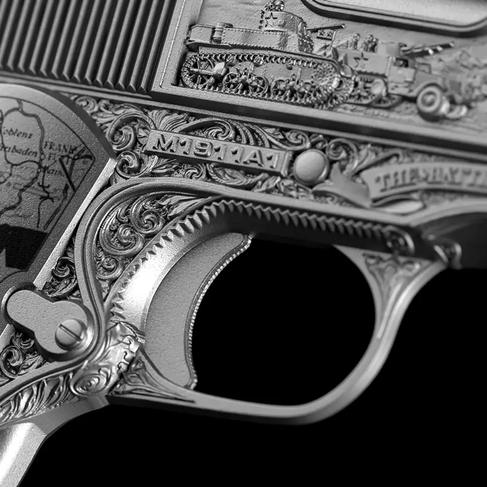 Intricate 3D silver coin featuring a detailed tank and ornate engravings celebrating General Patton, limited edition.