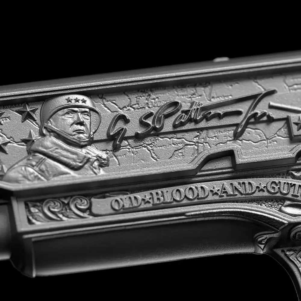 Intricately designed 2026 Samoa 1911 General Patton's pistol-shaped silver coin with high relief and antiqued finish.