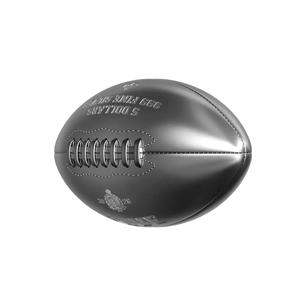 Uncirculated silver football coin with holographic finish and intricate details.
