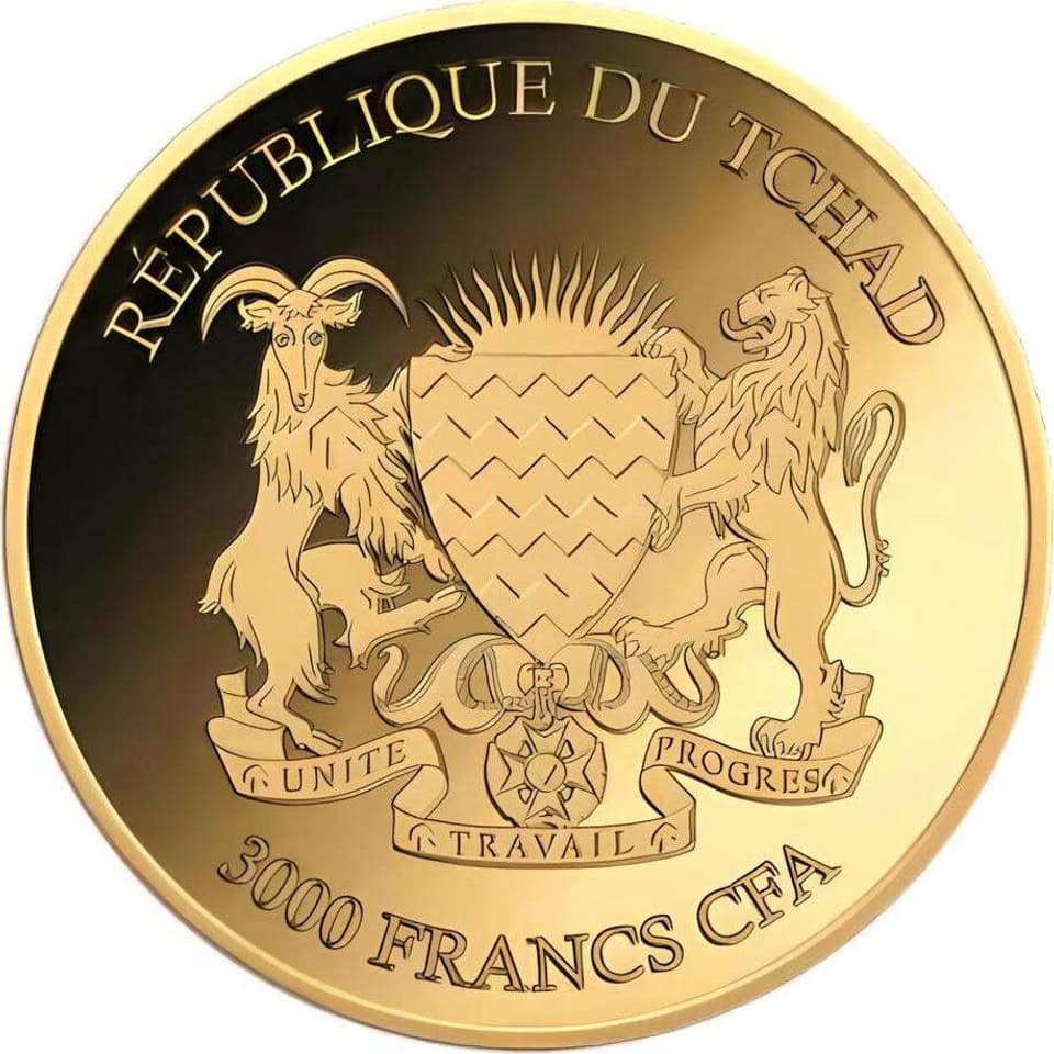 Gold proof-like coin featuring the coat of arms of Chad with lions, goat, and shield, encapsulated in assay card.