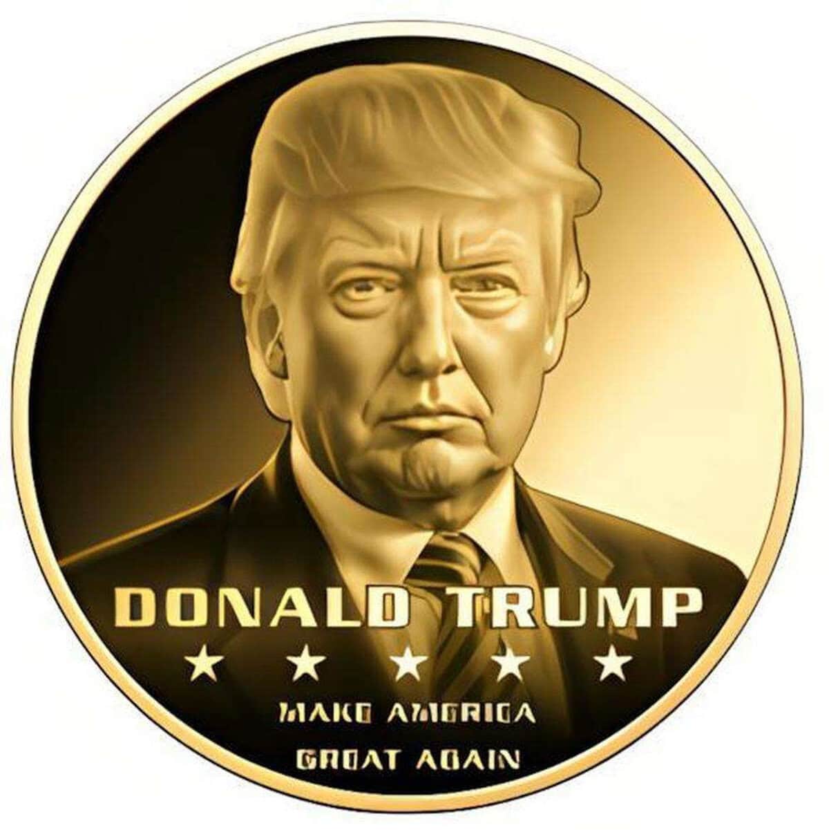 Gold coin featuring a caricature of Donald Trump with "Make America Great Again" text and stars.