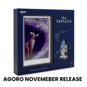 Shiny silver Disney Fantasia collectible packaging with a wizard mouse figure badge, viewed from a front angle.