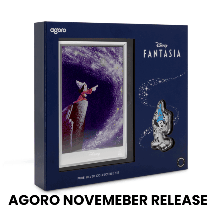 Shiny silver Disney Fantasia collectible packaging with a wizard mouse figure badge, viewed from a front angle.