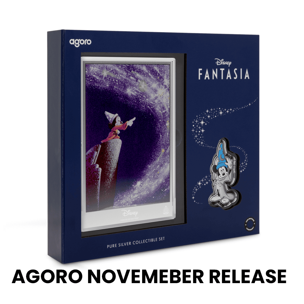 Shiny silver Disney Fantasia collectible packaging with a wizard mouse figure badge, viewed from a front angle.