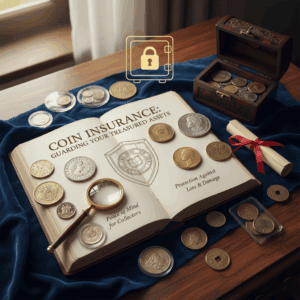 Coins insurance protection of treasured assets, display of various coins, magnifying glass, wooden chest, rolled document, and open coin book on a table.