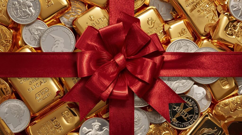 Shiny gold bars and silver coins wrapped with a red satin bow, showcasing precious metals as a luxurious gift option.