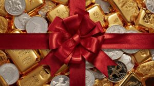 Shiny gold bars and silver coins wrapped with a red satin bow, showcasing precious metals as a luxurious gift option.