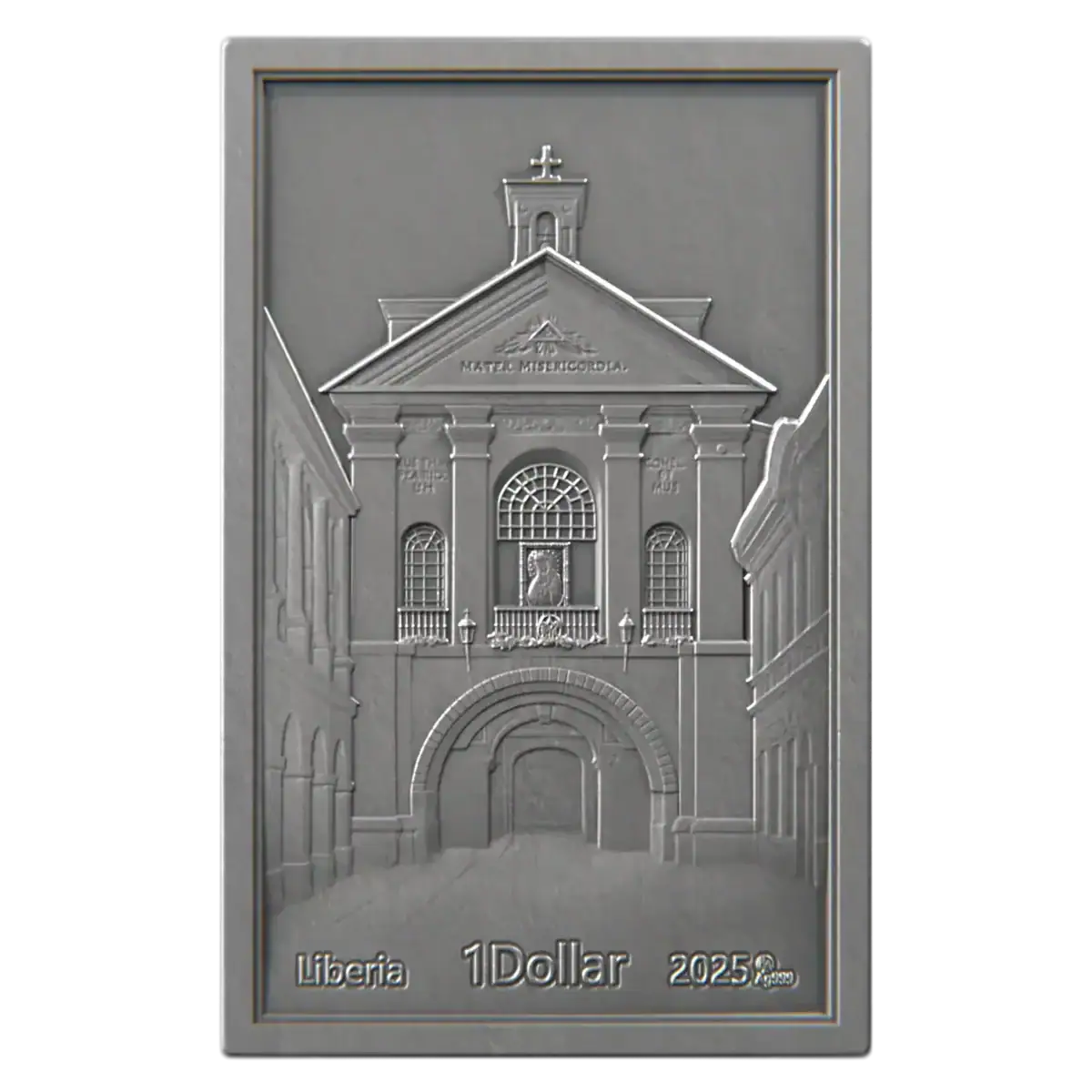 Intricately detailed picture of a Liberia Lady at the Gate of Dawn 1 oz Silver Antiqued Gilded UV printed coin.