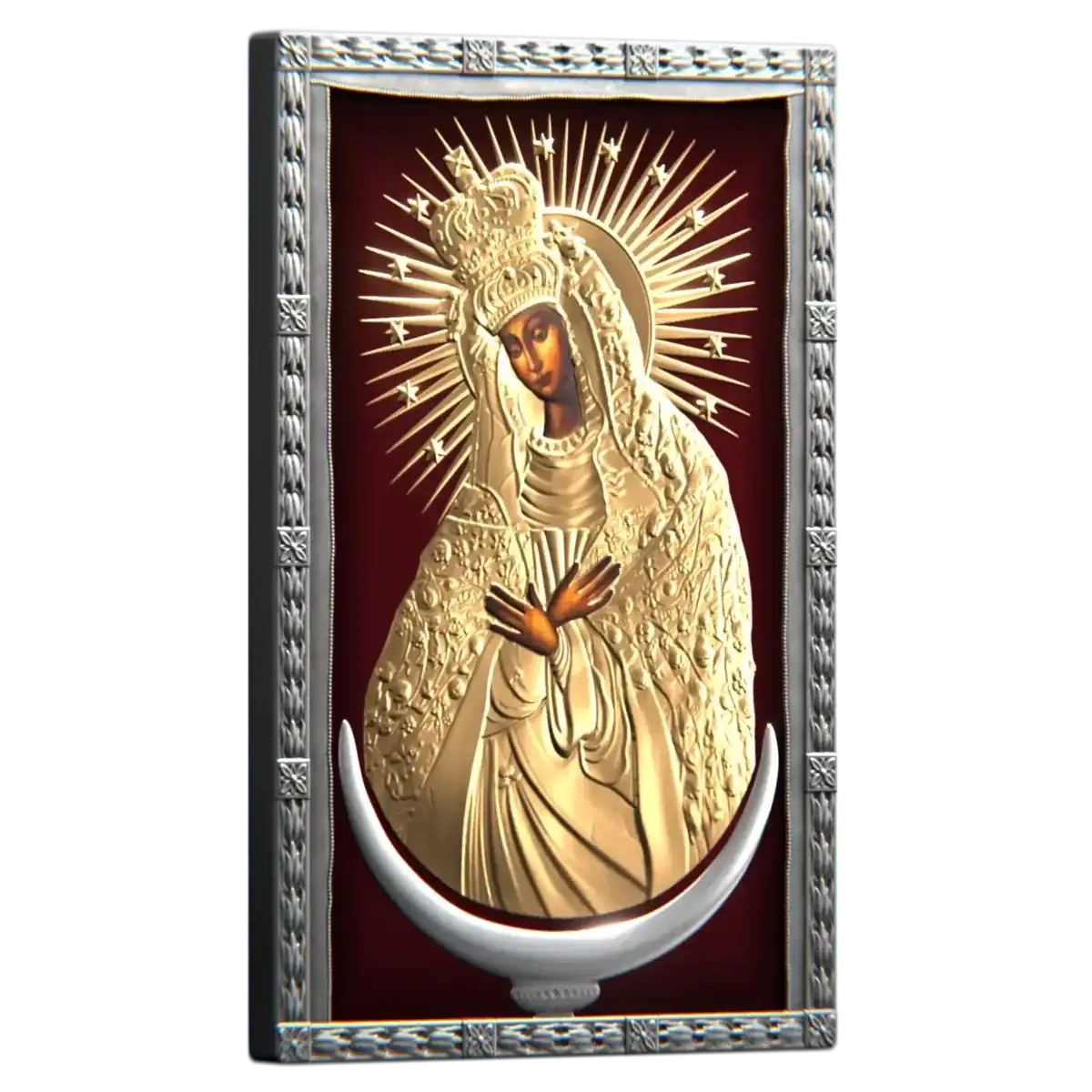 Intricate gilded silver coin featuring a religious icon of the Virgin Mary at the Gate of Dawn.