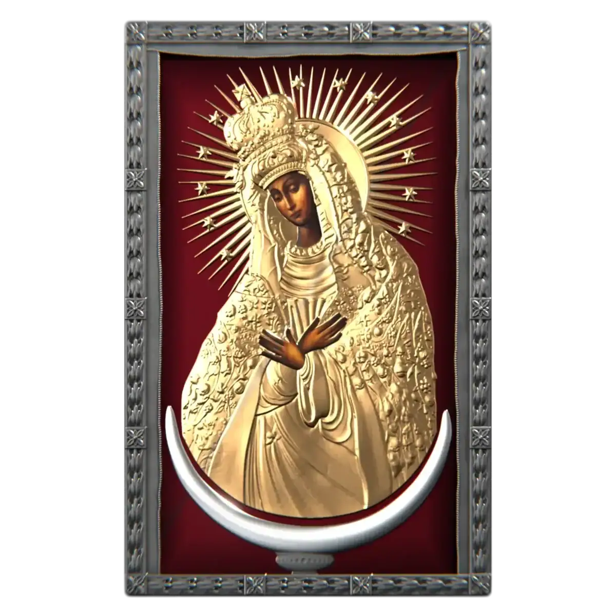 Golden Lady at the Gate of Dawn 1 oz Silver Antiqued Gilded Coin with UV print, featuring intricate religious iconography.