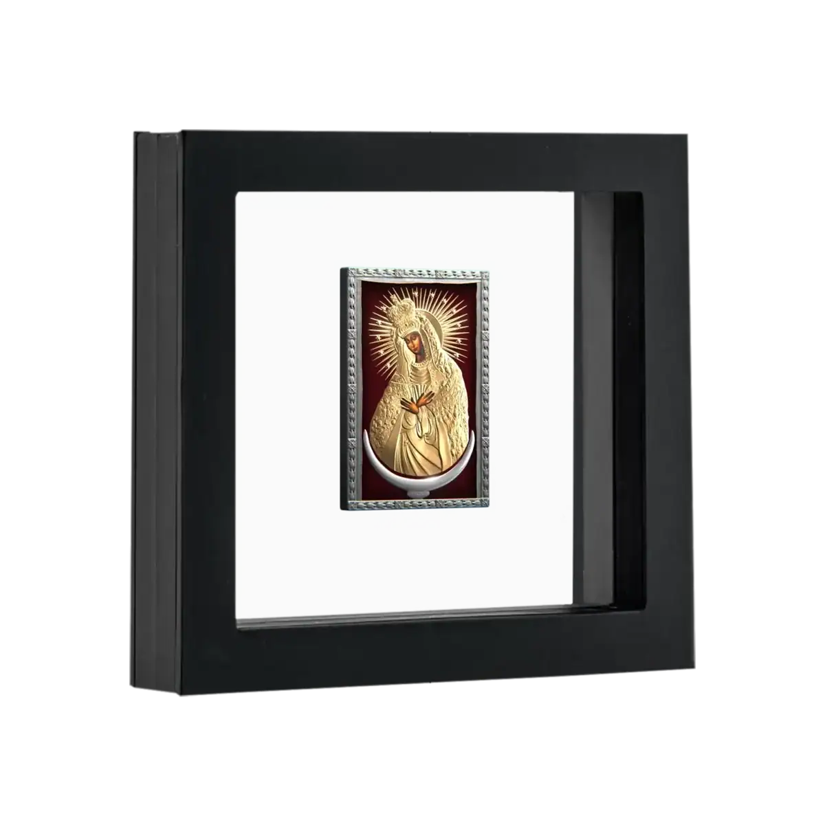 Gold-embellished Liberia Lady at the Gate of Dawn 1 oz silver coin in a black display case with framing.