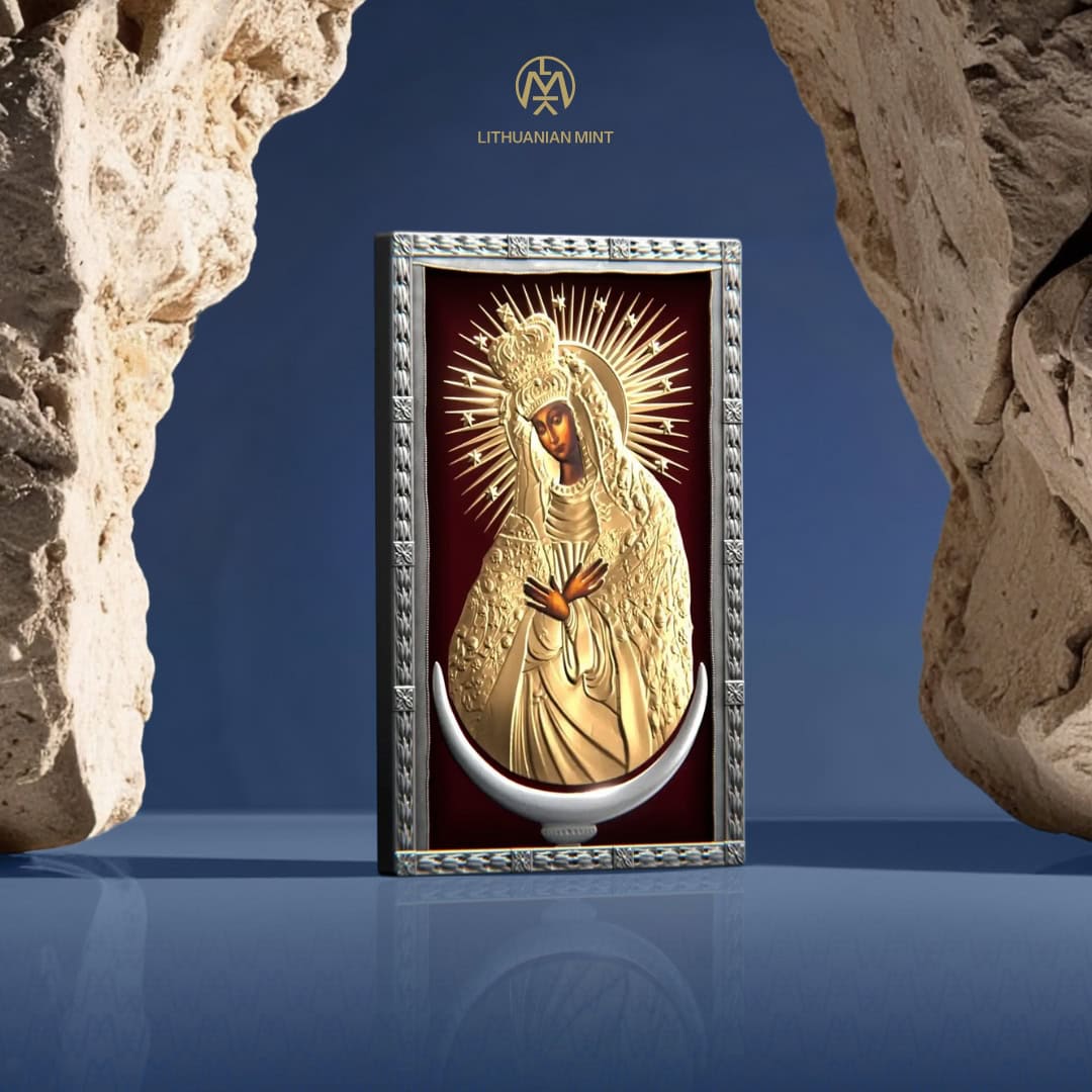 Golden Lady of Liberia icon with a gilded relief and luminous UV print on a red background, framed in silver, featuring a crescent moon base.