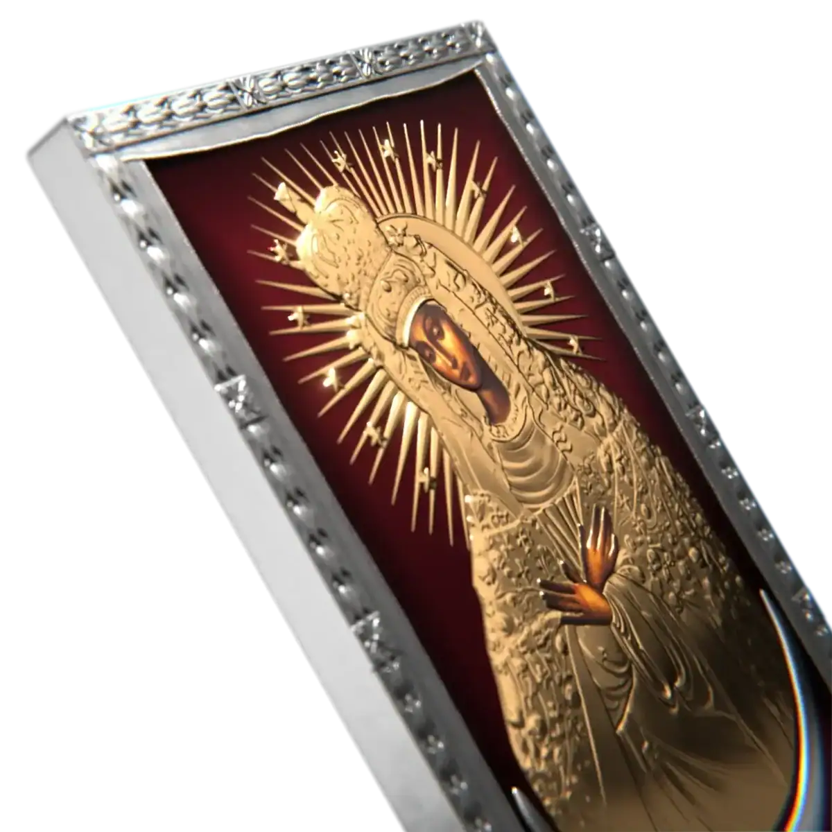 Antique gilded silver coin featuring the Lady at the Gate of Dawn, detailed religious imagery with UV print effects.