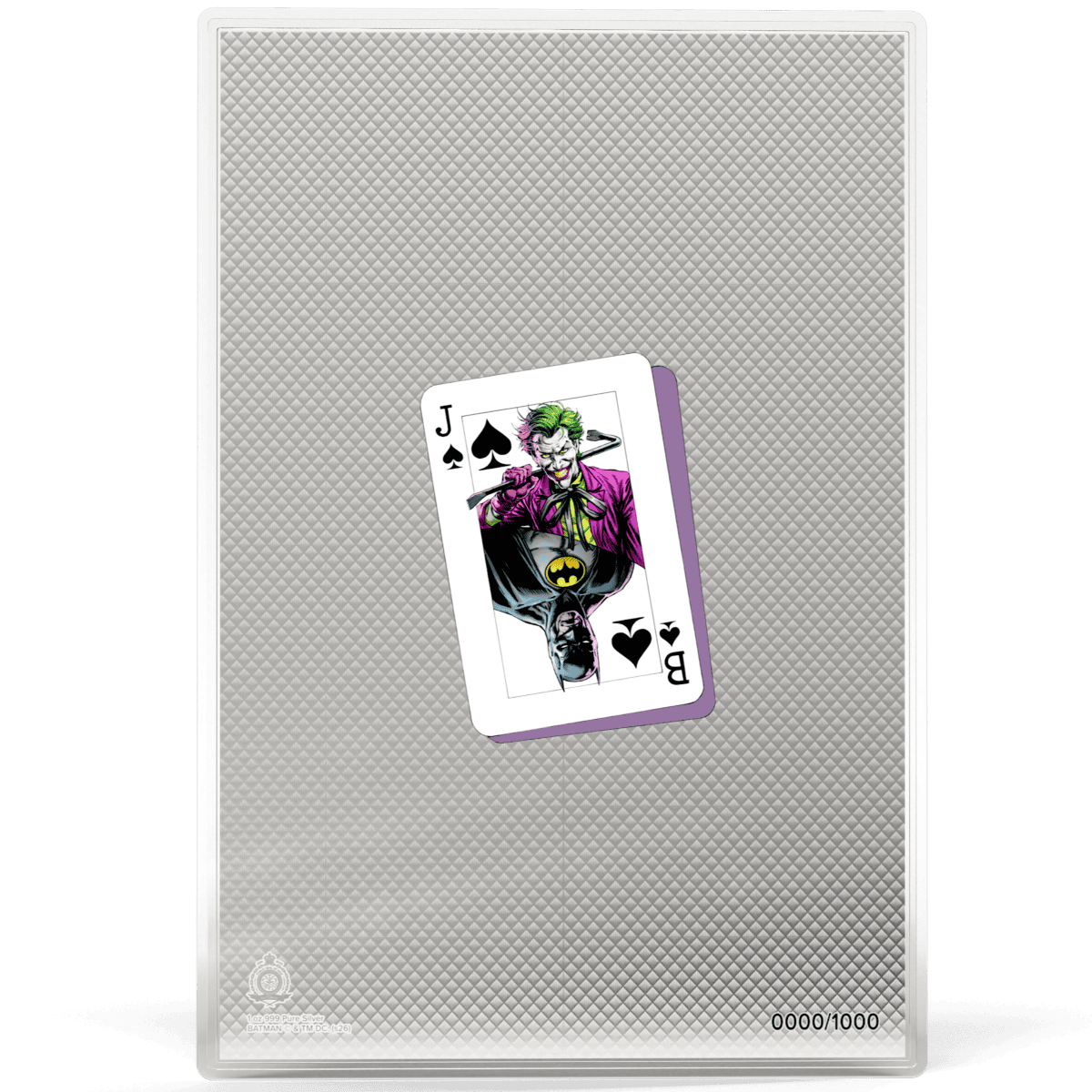 Joker playing card from Batman Three Jokers series on silver foil collectible.