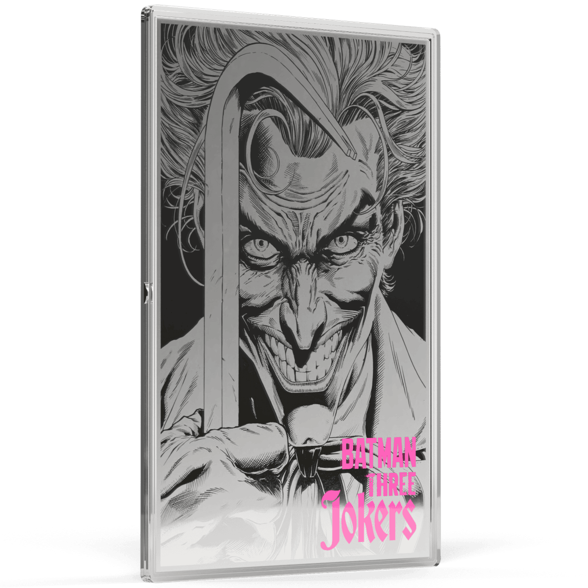 Bright Joker illustration on silver foil, featuring Batman Three Jokers in monochrome with pink title text.