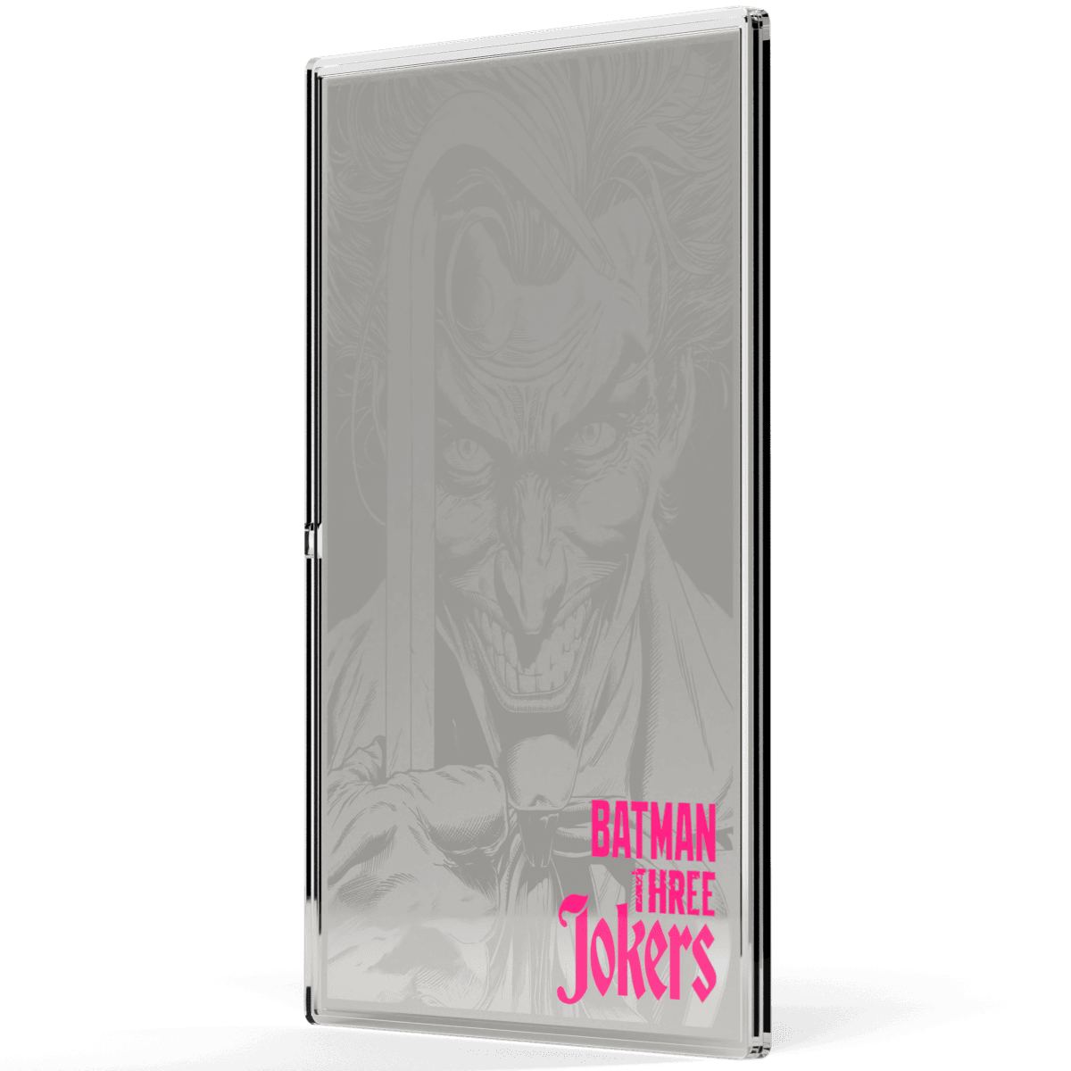 Joker character illustration on silver foil collectible from 2025 Niue Batman Three Jokers series.