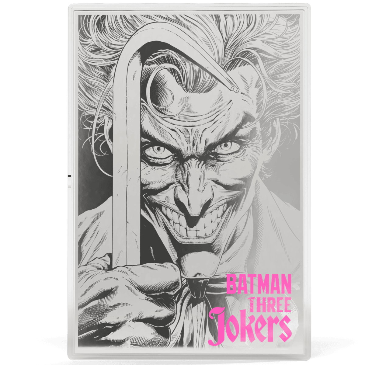 Menacing Joker illustration on a silver foil collectible with "Batman Three Jokers" title in pink.